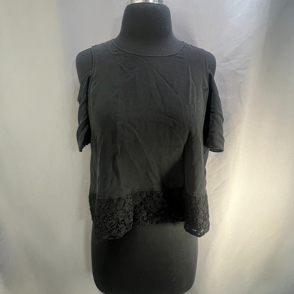 Madewell Lace Edged Cold Shoulder Tunic Top Womens Small Black Silk Minimalist